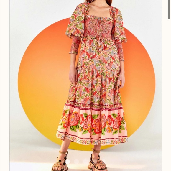 chinese dress ladies Farm Rio Off White Macaw Flight Smocked Maxi Dress